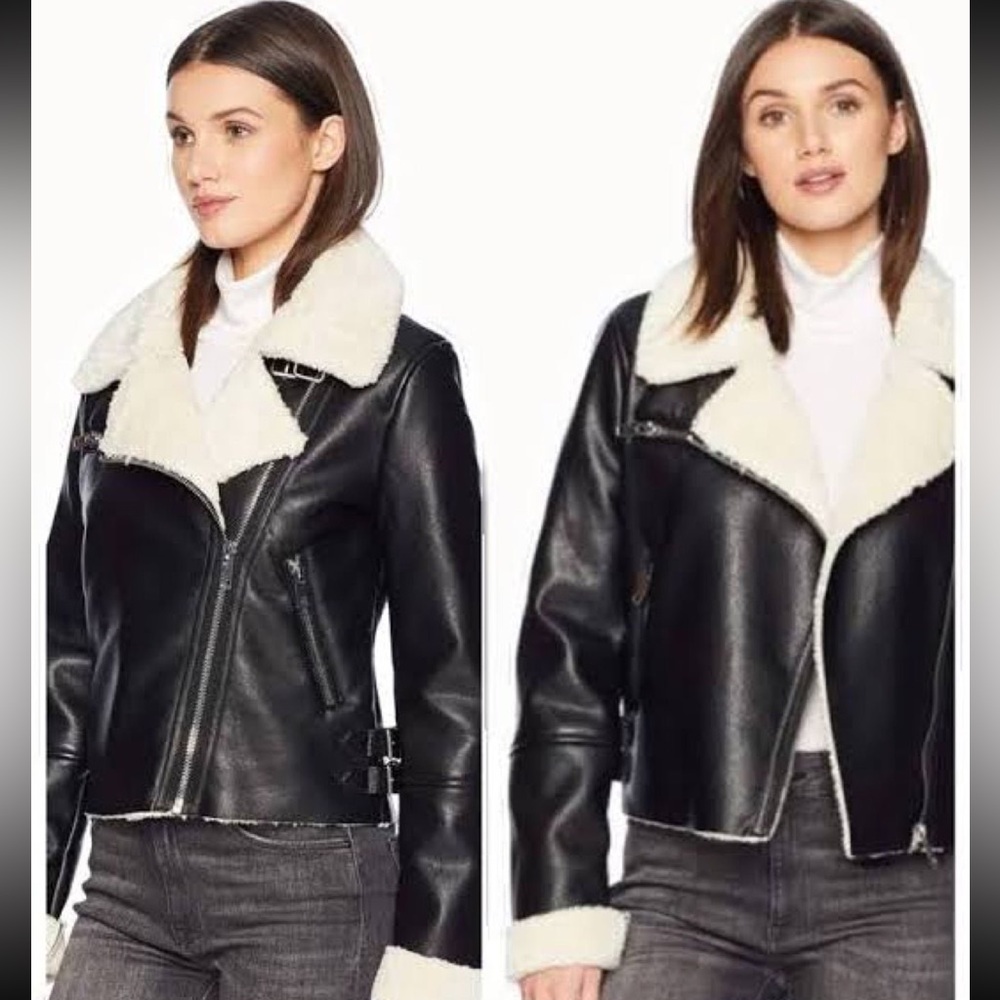 Blank NYC Black Faux Leather Moto Jacket with Cream Shearling Trim